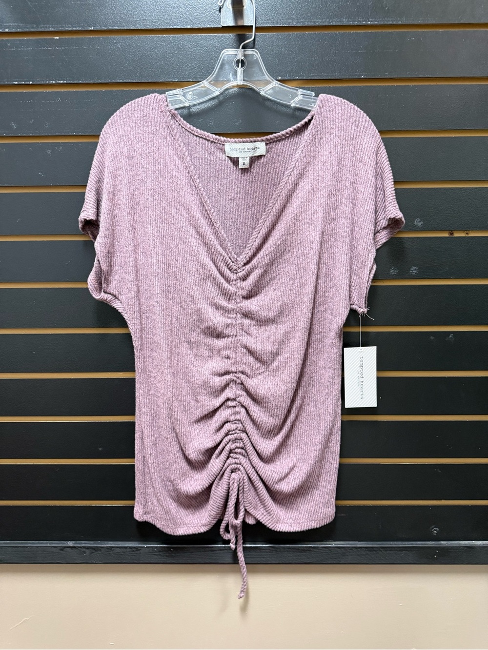 Tempted Hearts Ribbed Ruched Drawstring Top Mauve Pink Short Sleeve XL NWT